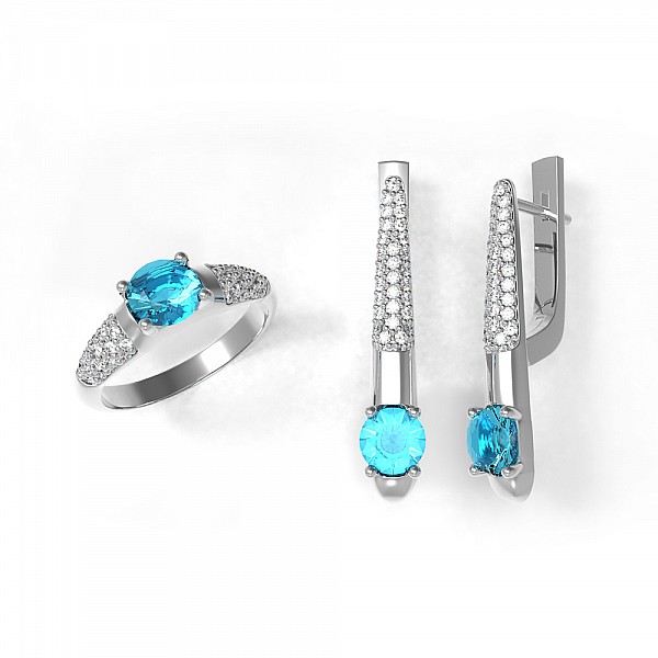 Сережки срібні з кварцом Swiss Blue та фіанітами 2966/9р-QSWB