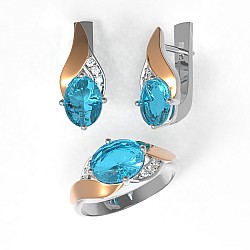 Сережки срібні з золотими вставками, кварцом Swiss Blue та фіанітами 2025/1р-QSWB