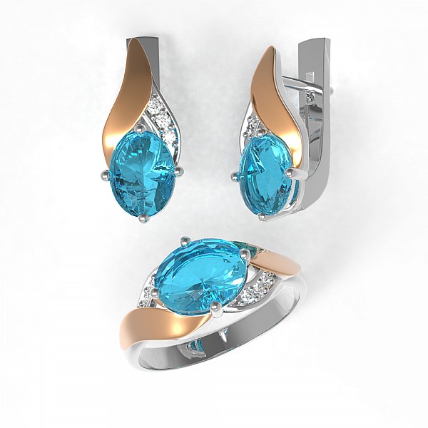 Кольцо серебряное с золотыми вставками, кварцем Swiss Blue и фианитами 1435/1р-QSWB