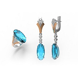 Сережки срібні з золотими вставками, кварцом Swiss Blue та фіанітами 2031/1р-QSWB