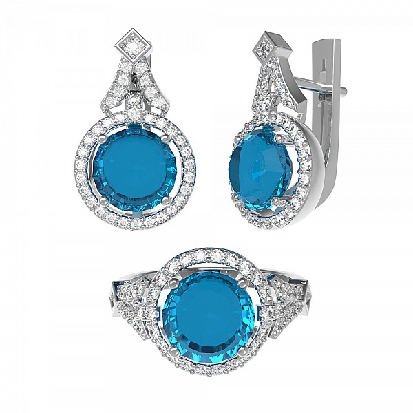 Сережки срібні з кварцом London Blue та фіанітами 2101/1р-QLB