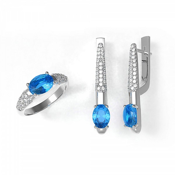 Сережки срібні з кварцом London Blue та фіанітами 2967/9р-QLB