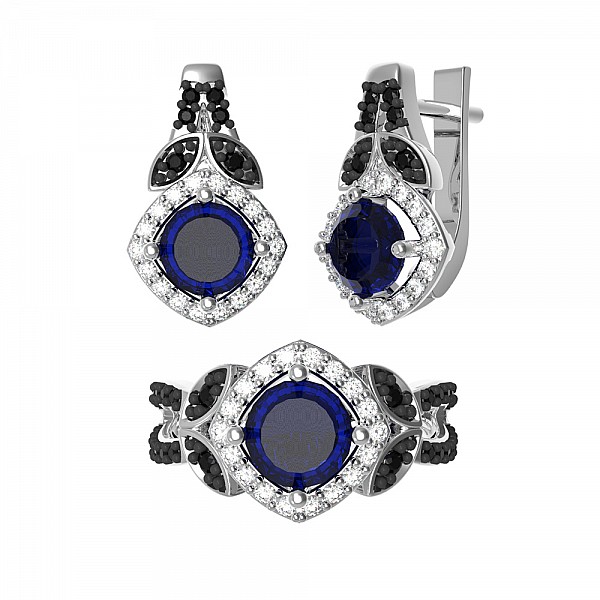 Кольцо серебряное с гидротермальным сапфиром и фианитами 1535/1р-HSPH