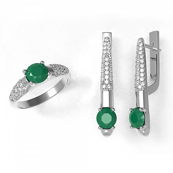 Сережки срібні з зеленим агатом та фіанітами 2966/9р-GRAG