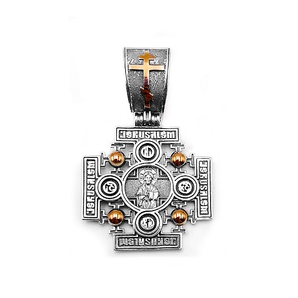 Крестик серебряный с золотыми вставками 1077