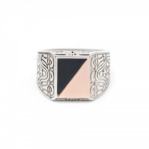 Перстень серебряный с золотыми вставками и обсидианом 0619.10