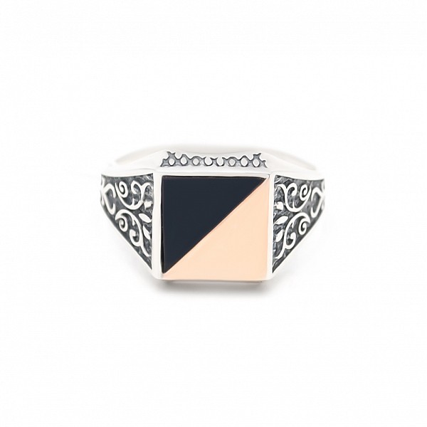 Перстень серебряный с золотыми вставками и обсидианом 0635.10