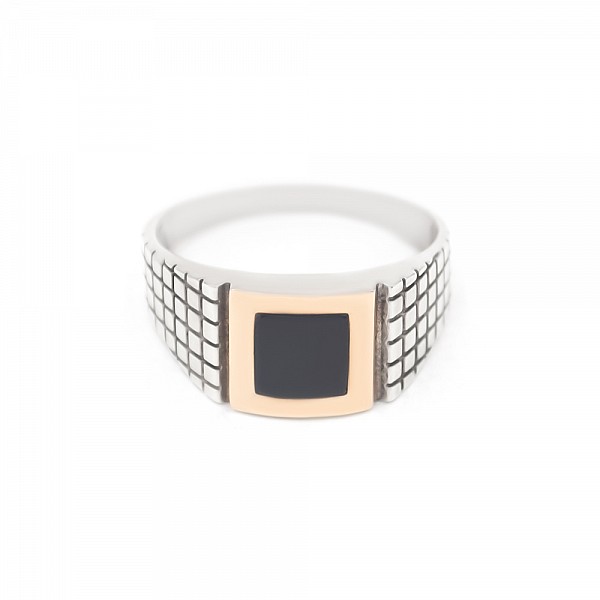 Перстень серебряный с золотыми вставками и ониксом 640з