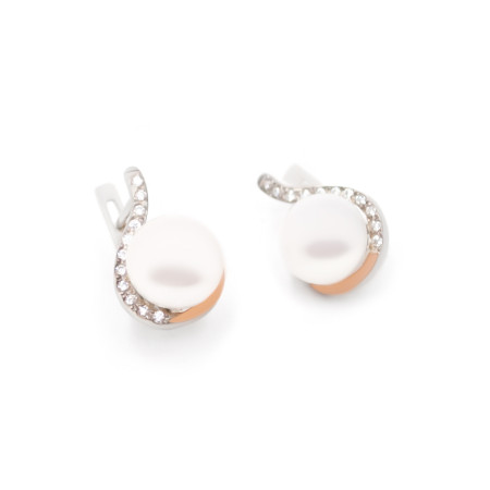 Серьги серебряные с золотыми вставками, жемчугом и фианитами 0478.10