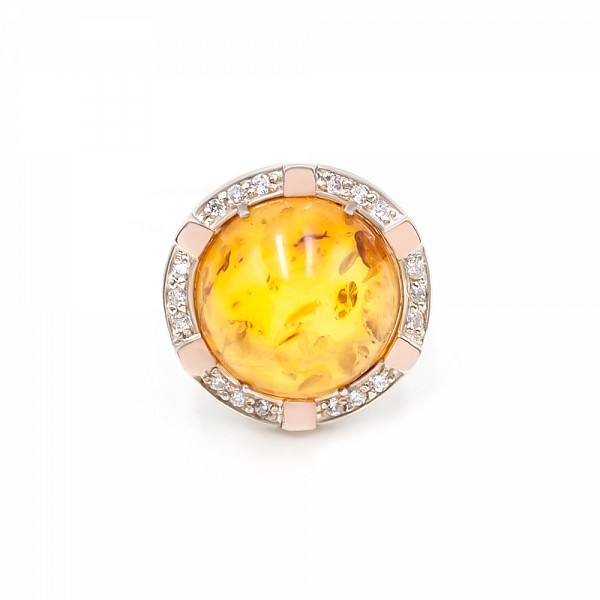 Кольцо серебряное с золотыми вставками, янтарем и фианитами 0136.01