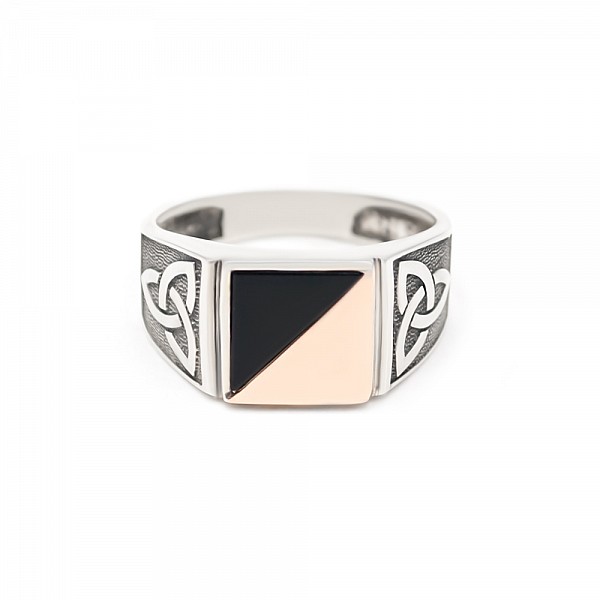 Перстень серебряный с золотыми вставками и обсидианом 0705.10