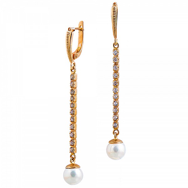 Сережки золоті довгі з перлами 1С021