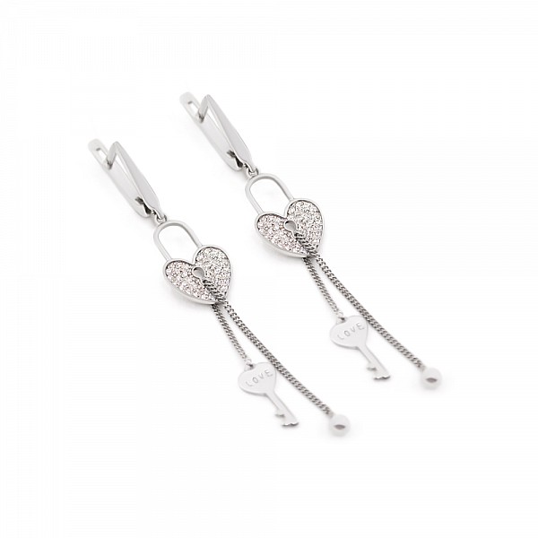 Сережки срібні з фіанітами Серце з ключиком 5056-р