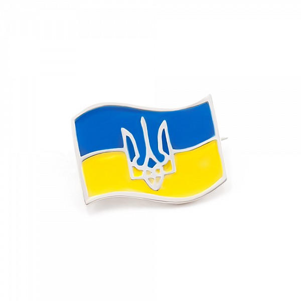 Брошка-значок срібна з емаллю Прапор України з Тризубом 7-074