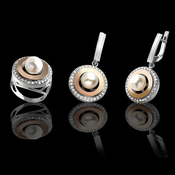 Кольцо серебряное с золотыми вставками, жемчугом и фианитами 2щк474ж