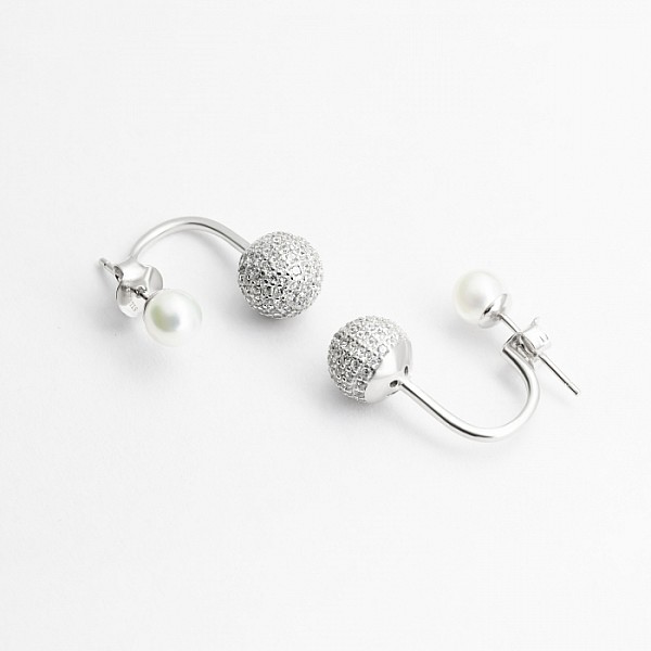 Сережки-пусети (гвоздики) срібні з перлами і фіанітами СК2ФЖ/1107