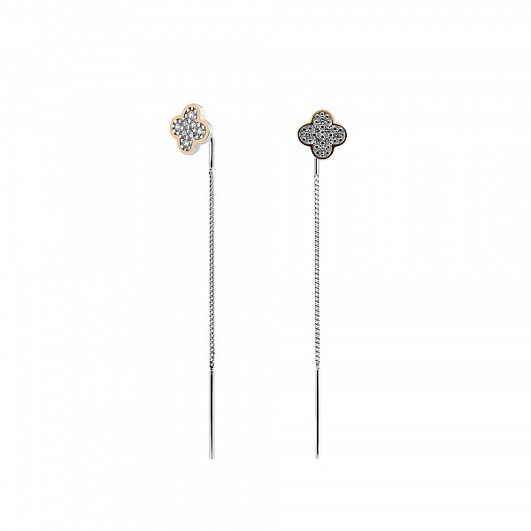 Сережки-протяжки срібні з золотими вставками та фіанітами 455С