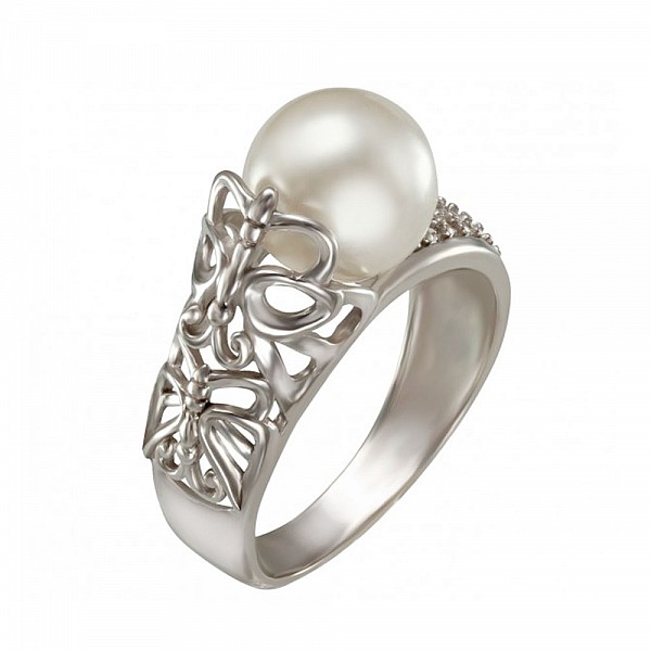 Кольцо серебряное с жемчугом и фианитами 380189С