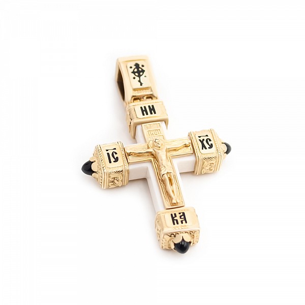 Крестик золотой с бивнем мамонта, ониксом и эмалью КСА7-3206-Э1100