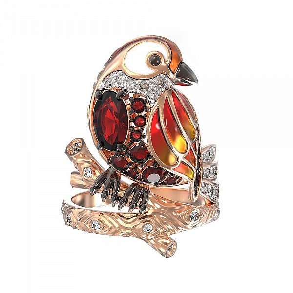 Кольцо из красного золота «Птичка» с гранатом, эмалью и фианитами Т3-1453-2-4
