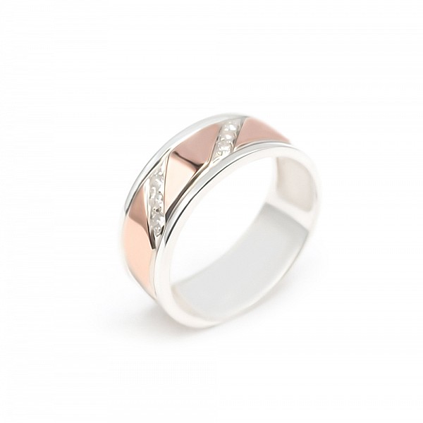 Обручальное кольцо серебряное с золотыми вставками и фианитами 2ко080