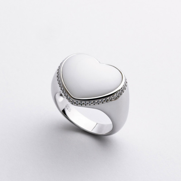 Кольцо серебряное с кахолонгом и фианитами Сердечко 2КН25/45
