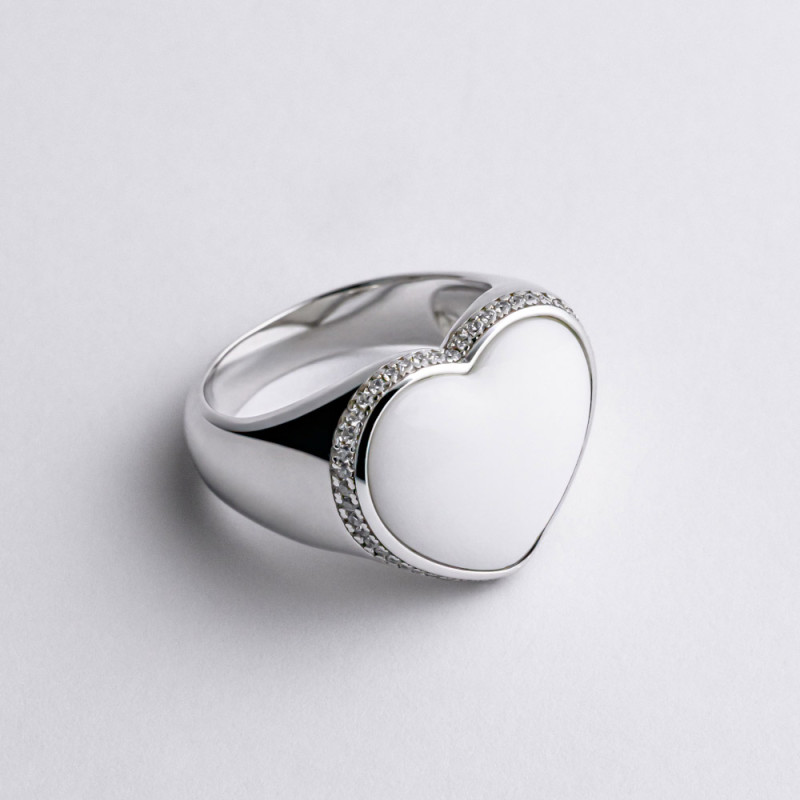 Кольцо серебряное с кахолонгом и фианитами Сердечко 2КН25/45