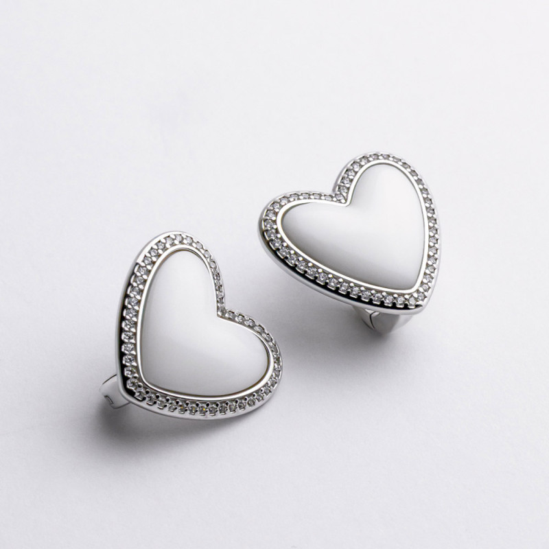 Серьги серебряные с кахолонгом и фианитами Сердечка 2СН25/45