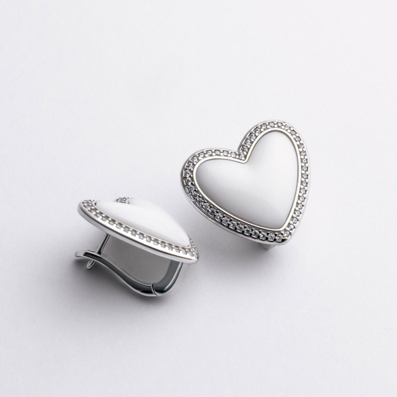 Серьги серебряные с кахолонгом и фианитами Сердечка 2СН25/45