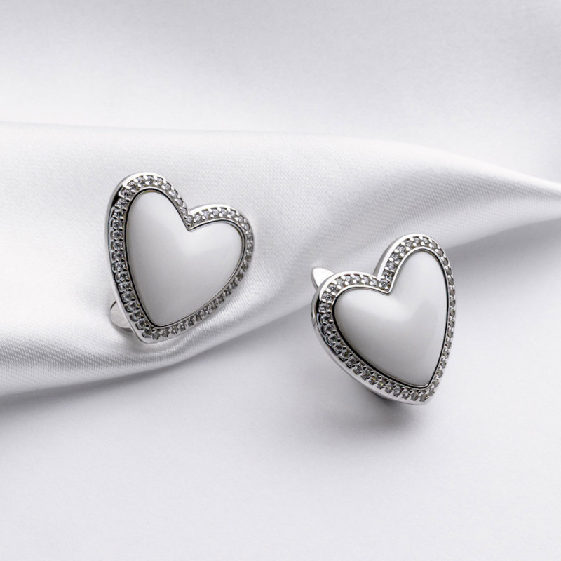 Серьги серебряные с кахолонгом и фианитами Сердечка 2СН25/45